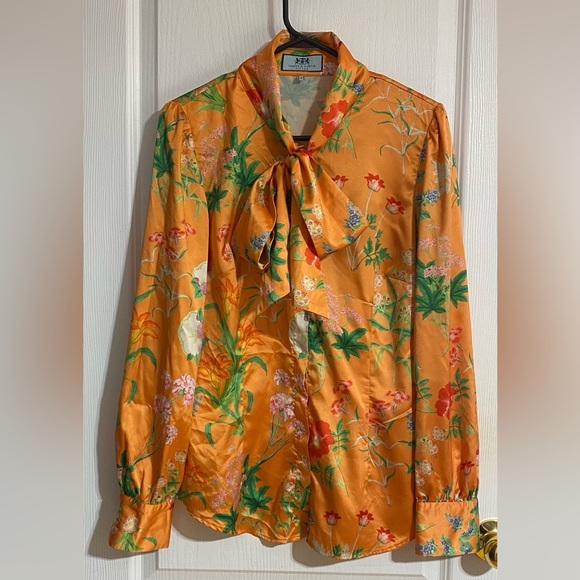Hawes & Curtis Tropical Floral Buttoned Collared Pussybow Blouse Size 14 - Picture 2 of 10